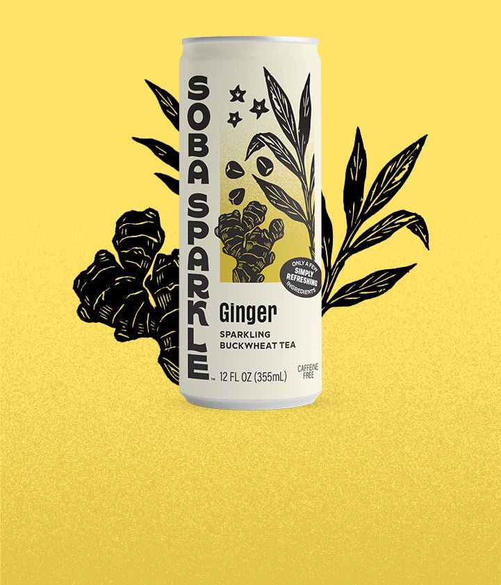 Sparklebuck Ginger Sparkling Buckwheat Tea can on a yellow background with black illustrations of ginger and buckwheat.