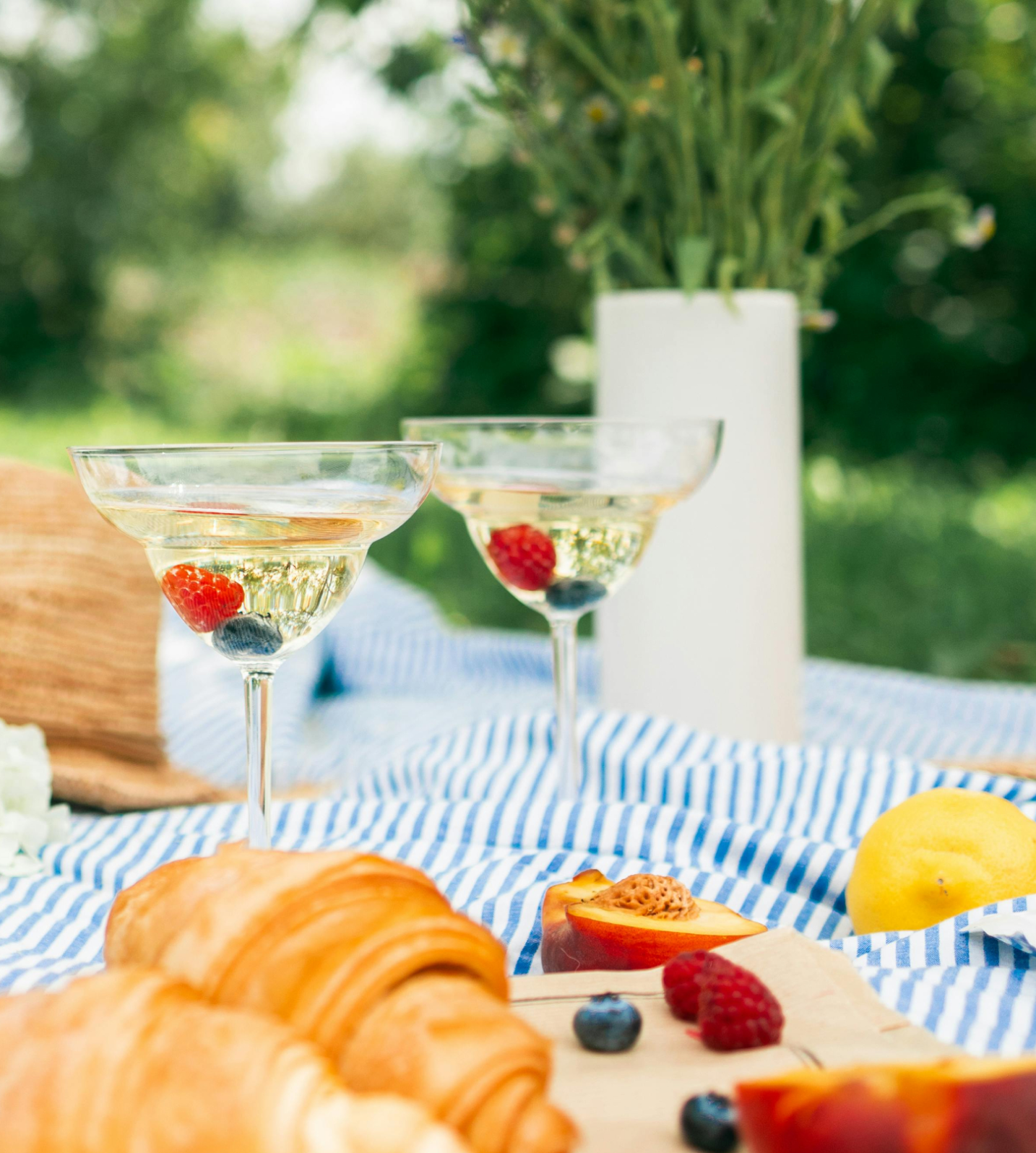 Two glasses of champagne with fruit on a picnic blanket outdoors